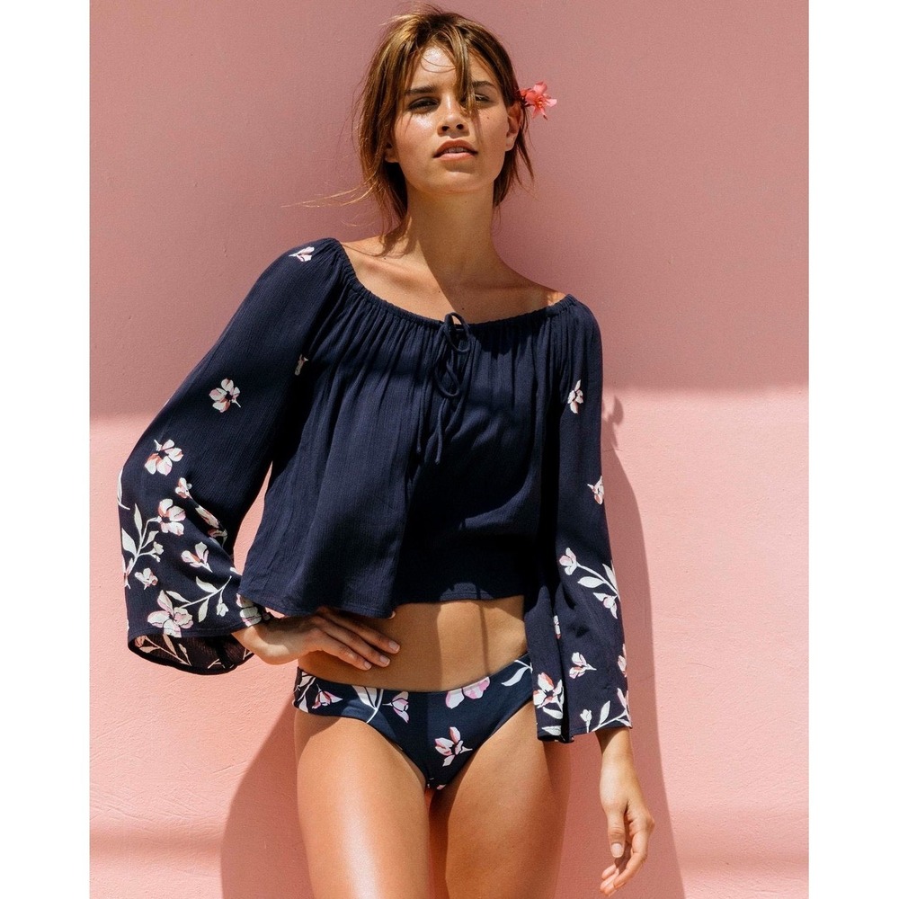 Billabong Womens Navy Blue Floral Off The Shoulder Bell Sleeve Boho Top Size M